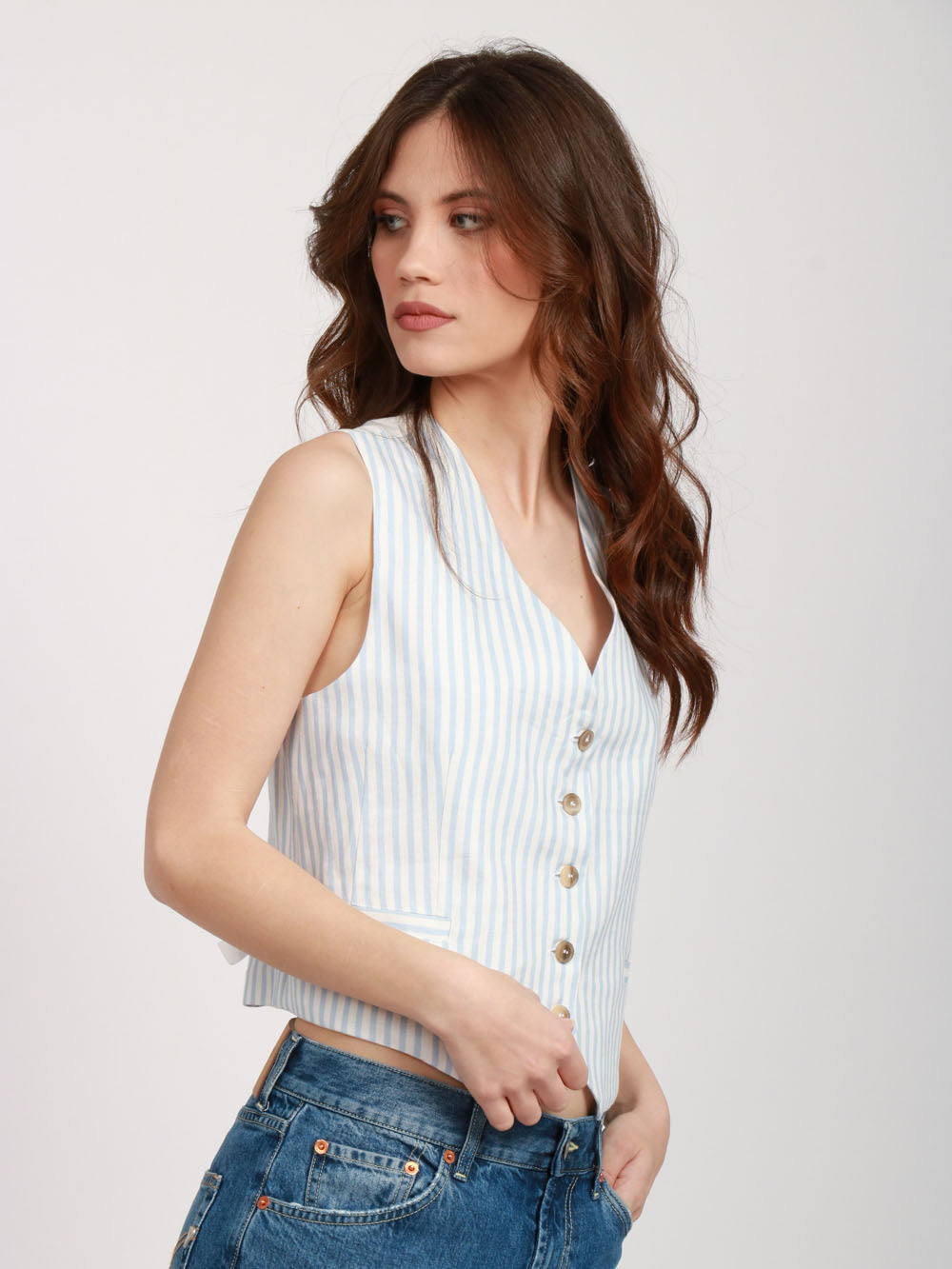 SEMICOUTURE GILET GEORGIA IN LINO A RIGHE Celeste/bianco