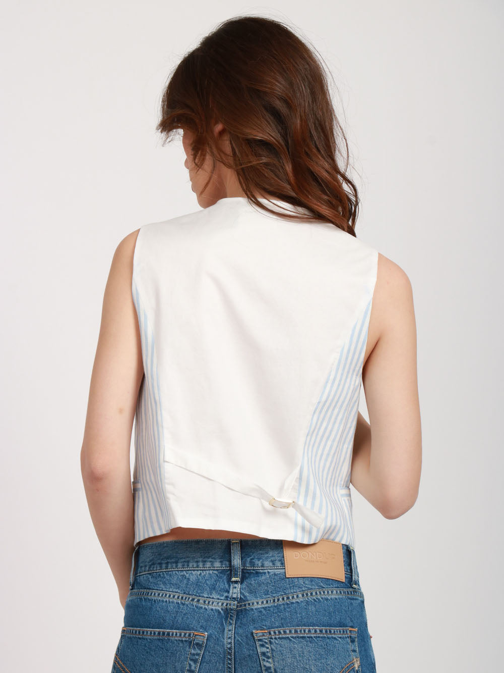 SEMICOUTURE GILET GEORGIA IN LINO A RIGHE Celeste/bianco