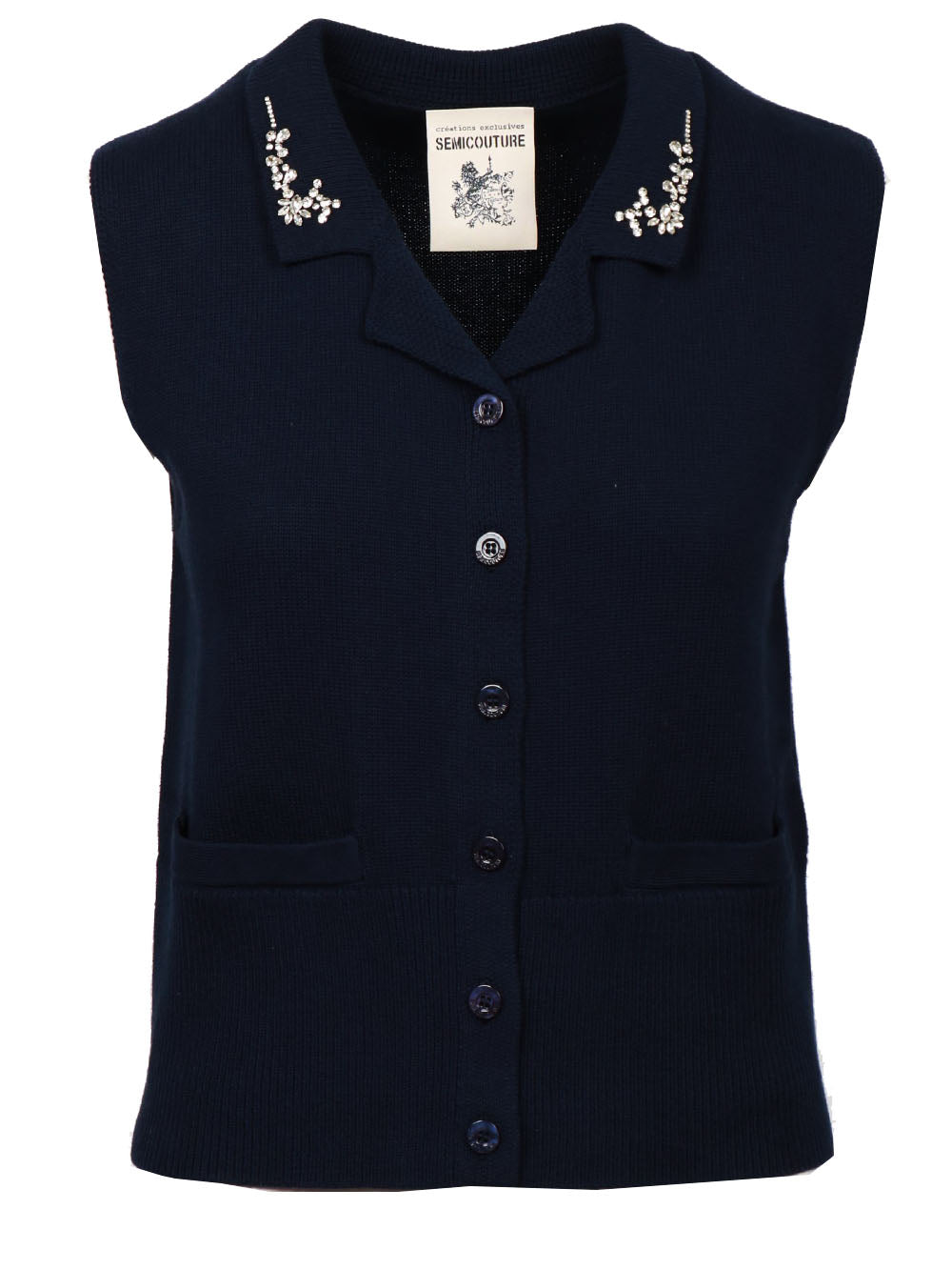 SEMICOUTURE Gilet Hester in Maglia di Cotone Blu Notte con Cristalli Blu notte