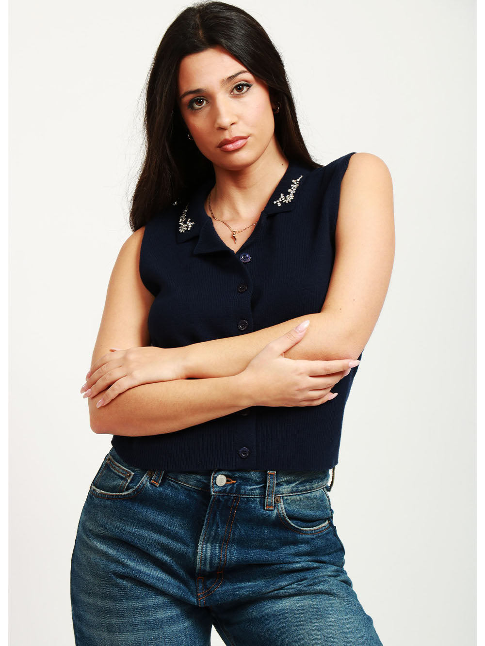 SEMICOUTURE Gilet Hester in Maglia di Cotone Blu Notte con Cristalli Blu notte