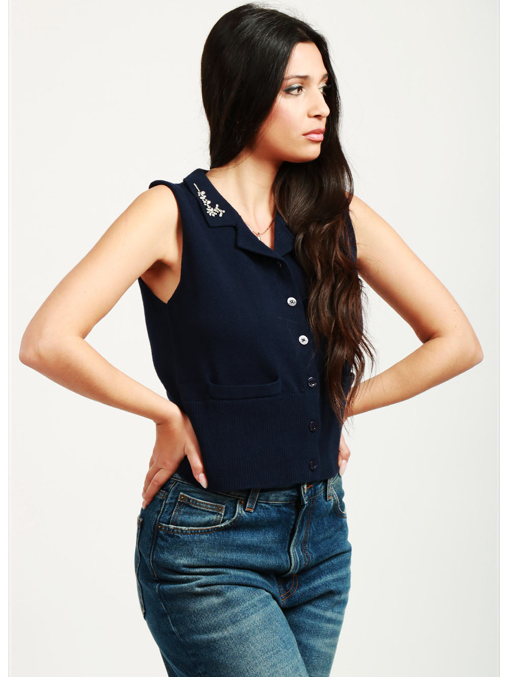 SEMICOUTURE Gilet Hester in Maglia di Cotone Blu Notte con Cristalli Blu notte