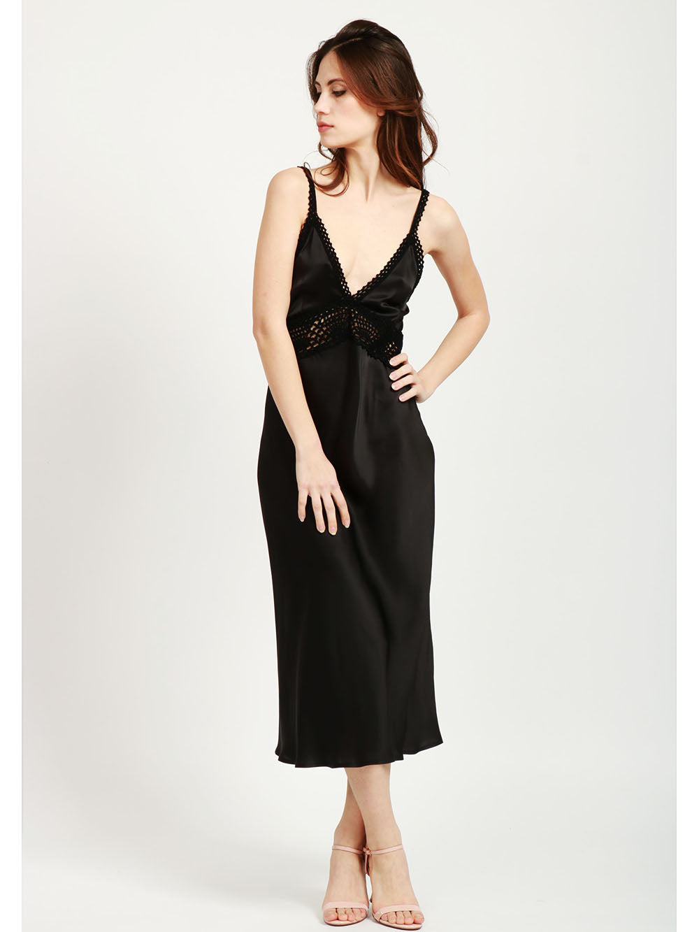 SEMICOUTURE Vestito Jacinta Sottoveste in Seta Nero con Dettagli Crochet Nero