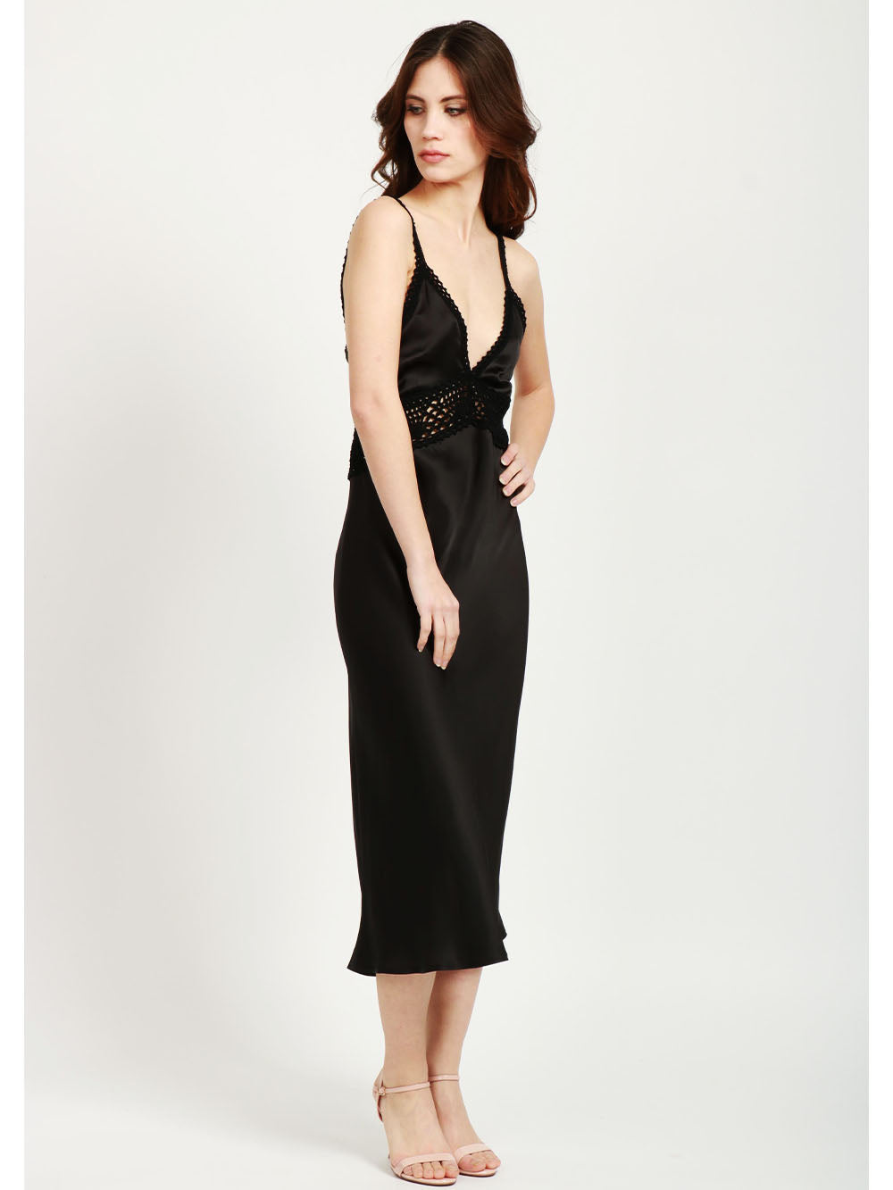SEMICOUTURE Vestito Jacinta Sottoveste in Seta Nero con Dettagli Crochet Nero
