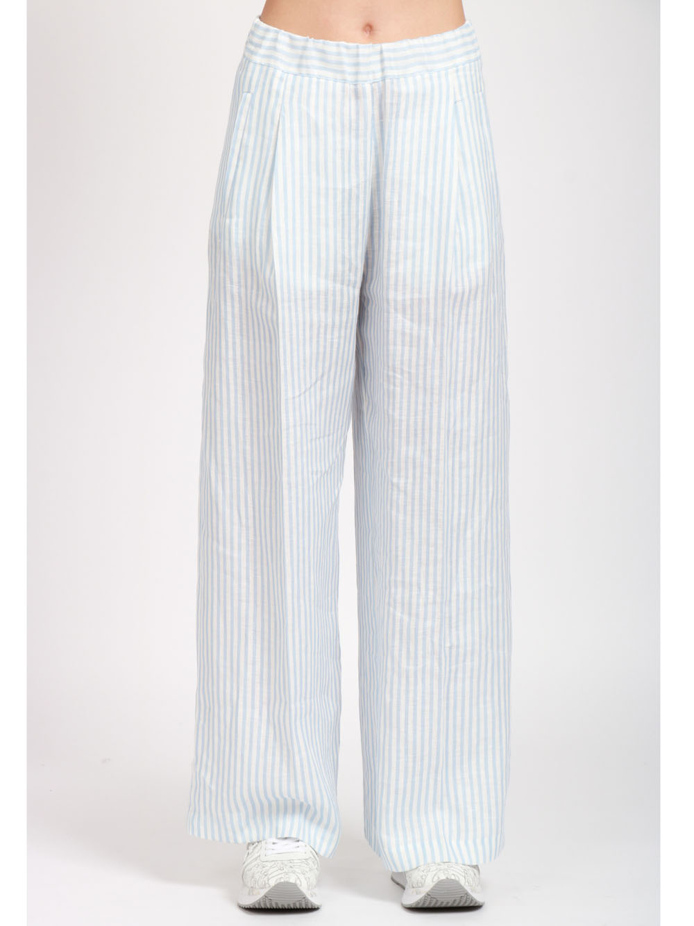 SEMICOUTURE PANTALONI JHONNY PALAZZO IN LINO A RIGHE Celeste/bianco