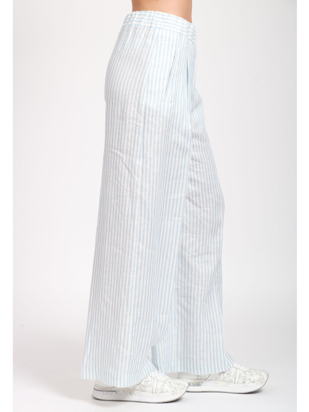 SEMICOUTURE PANTALONI JHONNY PALAZZO IN LINO A RIGHE Celeste/bianco