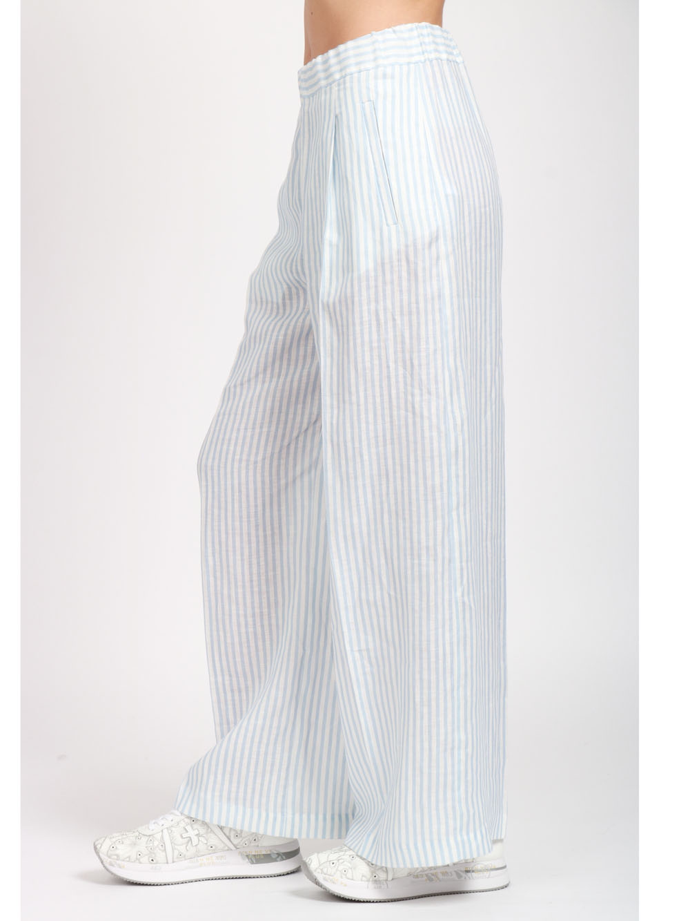 SEMICOUTURE PANTALONI JHONNY PALAZZO IN LINO A RIGHE Celeste/bianco