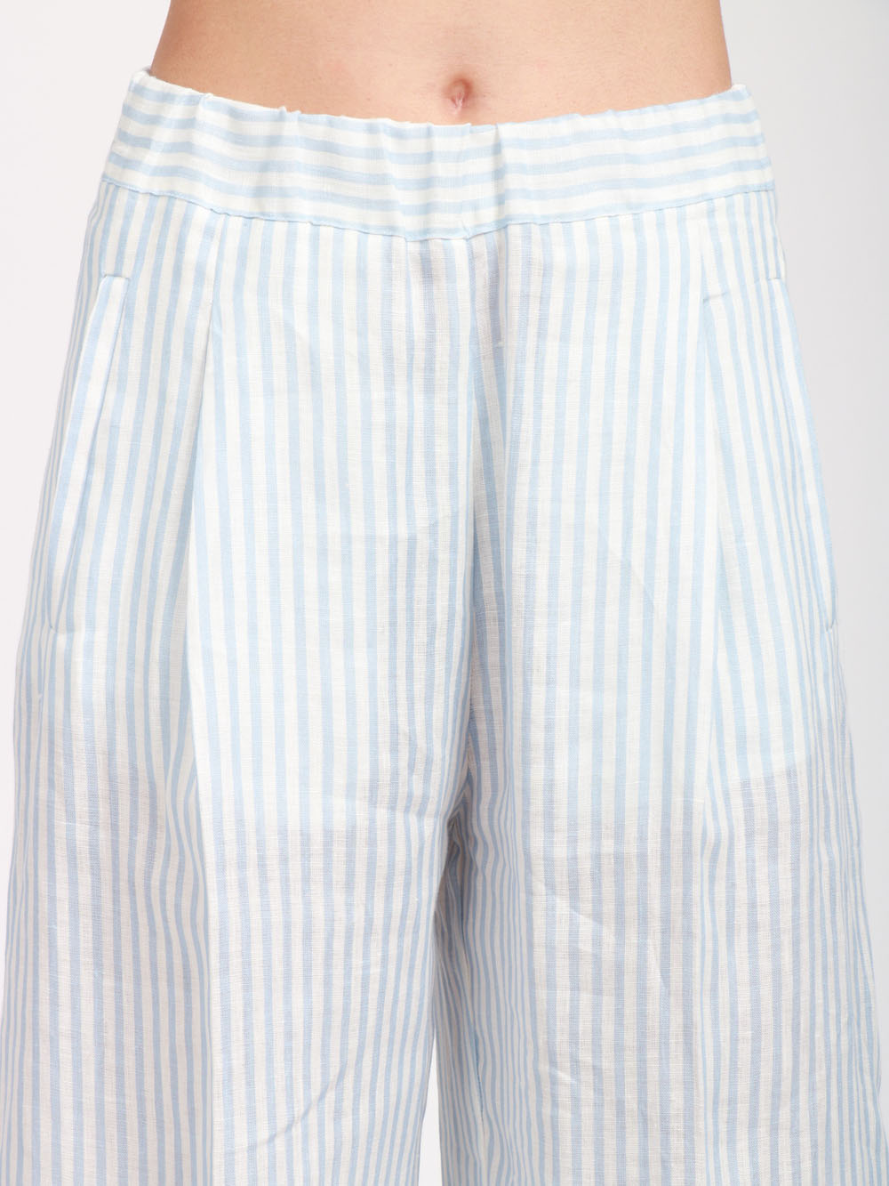 SEMICOUTURE PANTALONI JHONNY PALAZZO IN LINO A RIGHE Celeste/bianco