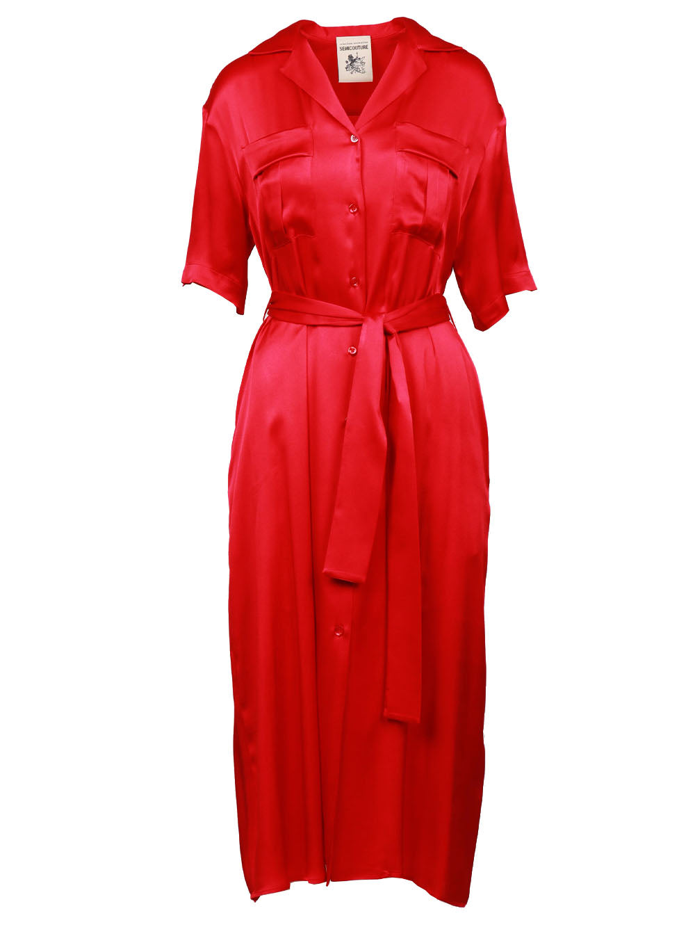 SEMICOUTURE Vestito Chemisier Laetitia in Satin Misto Seta Rosso Rosso
