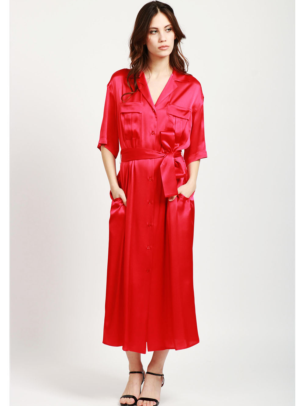 SEMICOUTURE Vestito Chemisier Laetitia in Satin Misto Seta Rosso Rosso