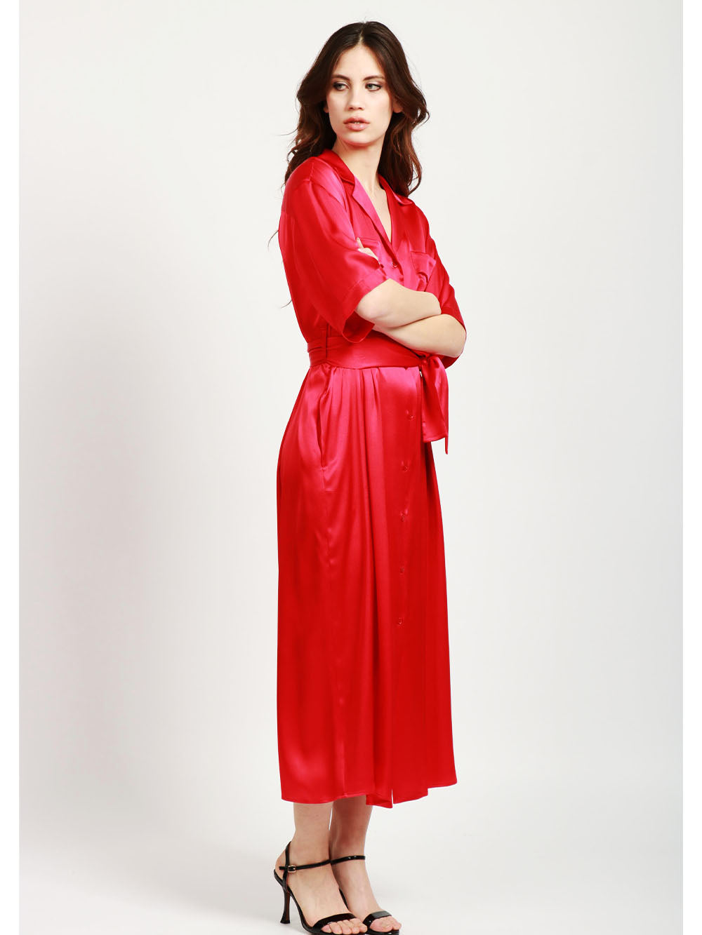 SEMICOUTURE Vestito Chemisier Laetitia in Satin Misto Seta Rosso Rosso