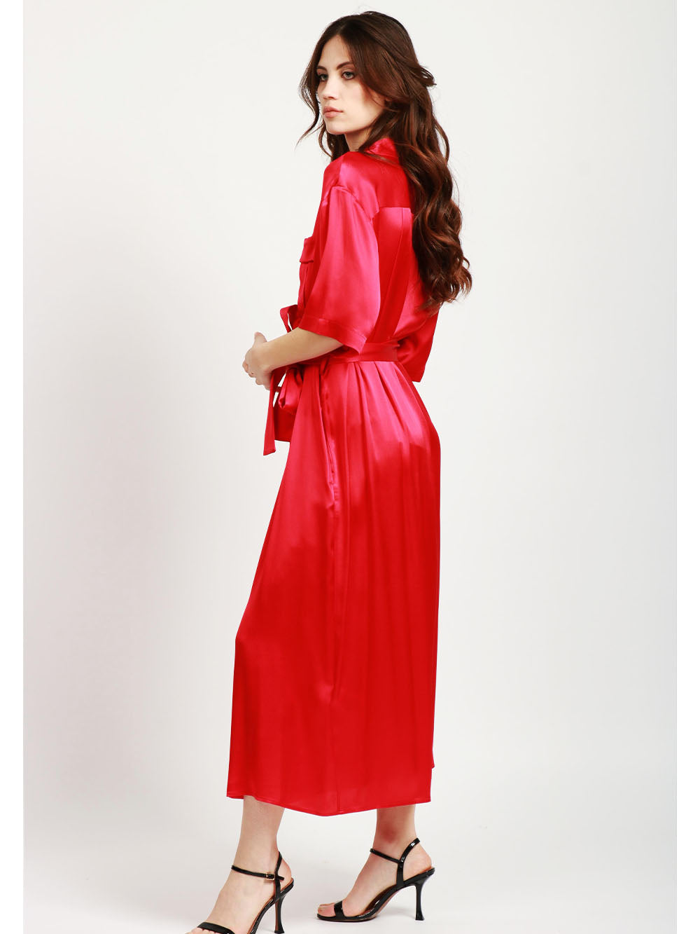 SEMICOUTURE Vestito Chemisier Laetitia in Satin Misto Seta Rosso Rosso
