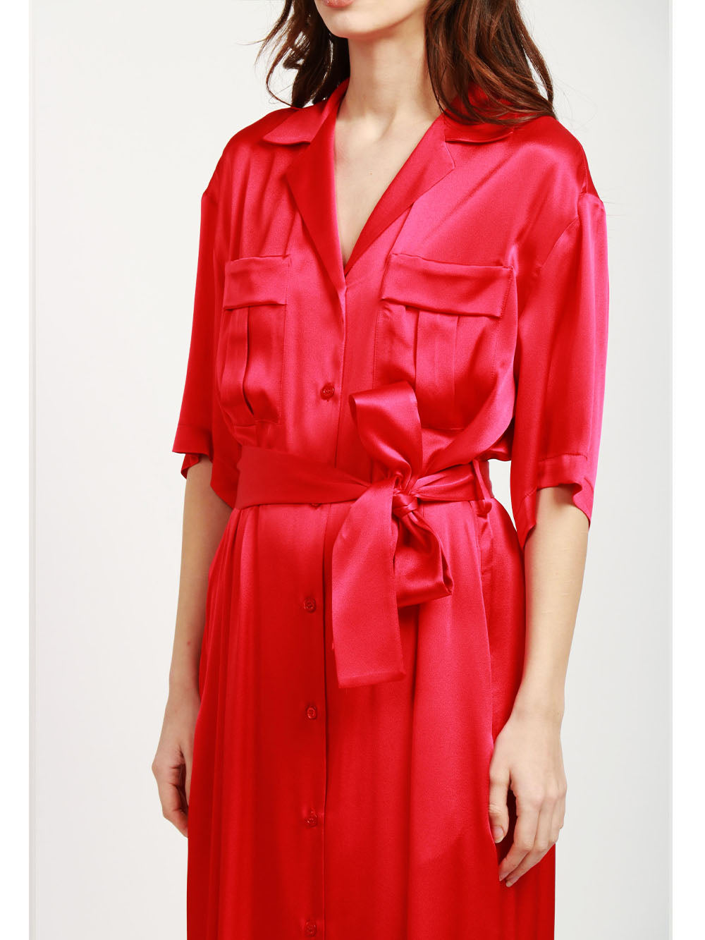 SEMICOUTURE Vestito Chemisier Laetitia in Satin Misto Seta Rosso Rosso