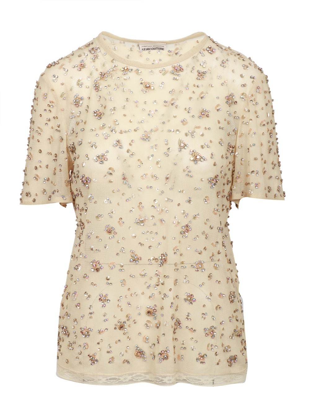 SEMICOUTURE T-SHIRT LOUISA IN TULLE NUDE CON STRASS E MICRO PAILLETTES Cipria