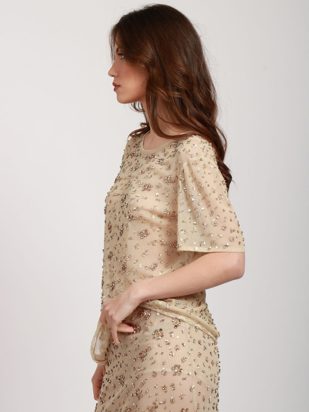 SEMICOUTURE T-SHIRT LOUISA IN TULLE NUDE CON STRASS E MICRO PAILLETTES Cipria