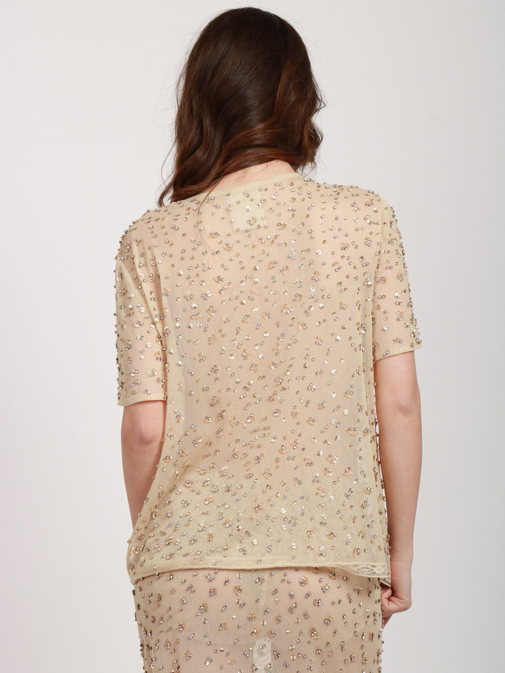 SEMICOUTURE T-SHIRT LOUISA IN TULLE NUDE CON STRASS E MICRO PAILLETTES Cipria