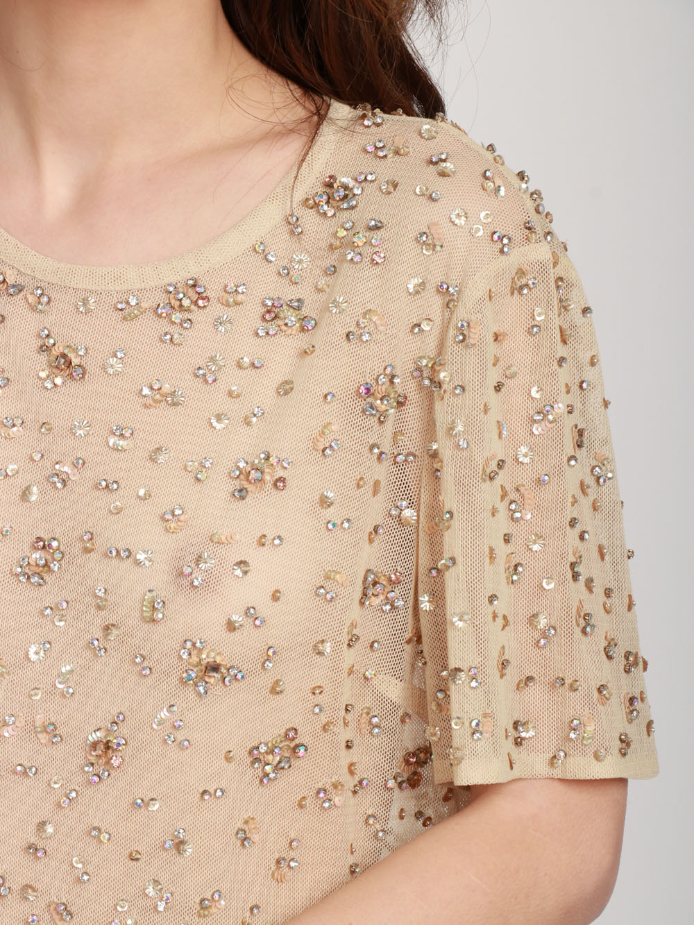 SEMICOUTURE T-SHIRT LOUISA IN TULLE NUDE CON STRASS E MICRO PAILLETTES Cipria