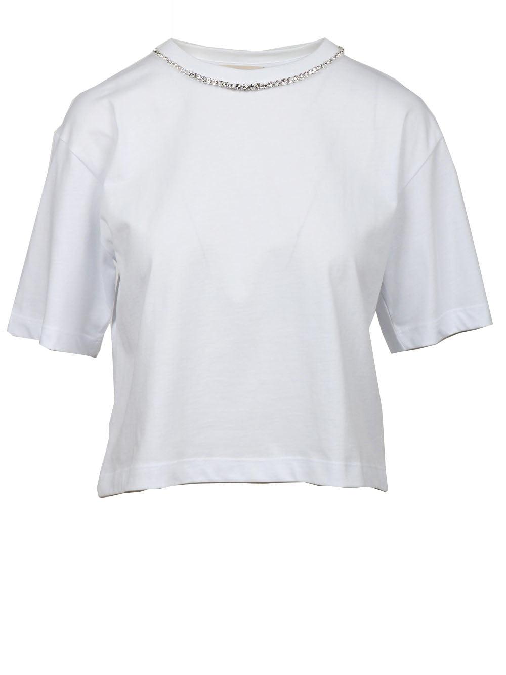 SEMICOUTURE T-Shirt Marina Girocollo in Cotone Bianca con Cristalli Bianco