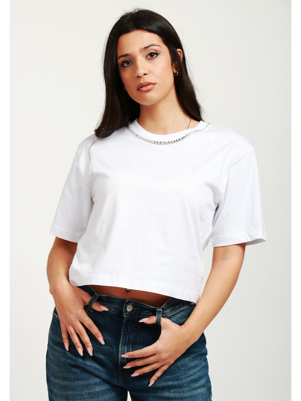 SEMICOUTURE T-Shirt Marina Girocollo in Cotone Bianca con Cristalli Bianco