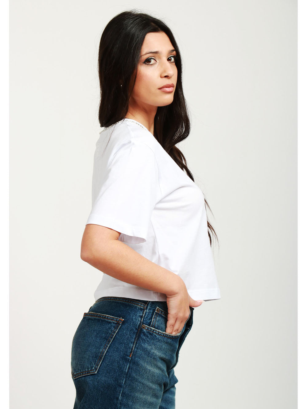 SEMICOUTURE T-Shirt Marina Girocollo in Cotone Bianca con Cristalli Bianco