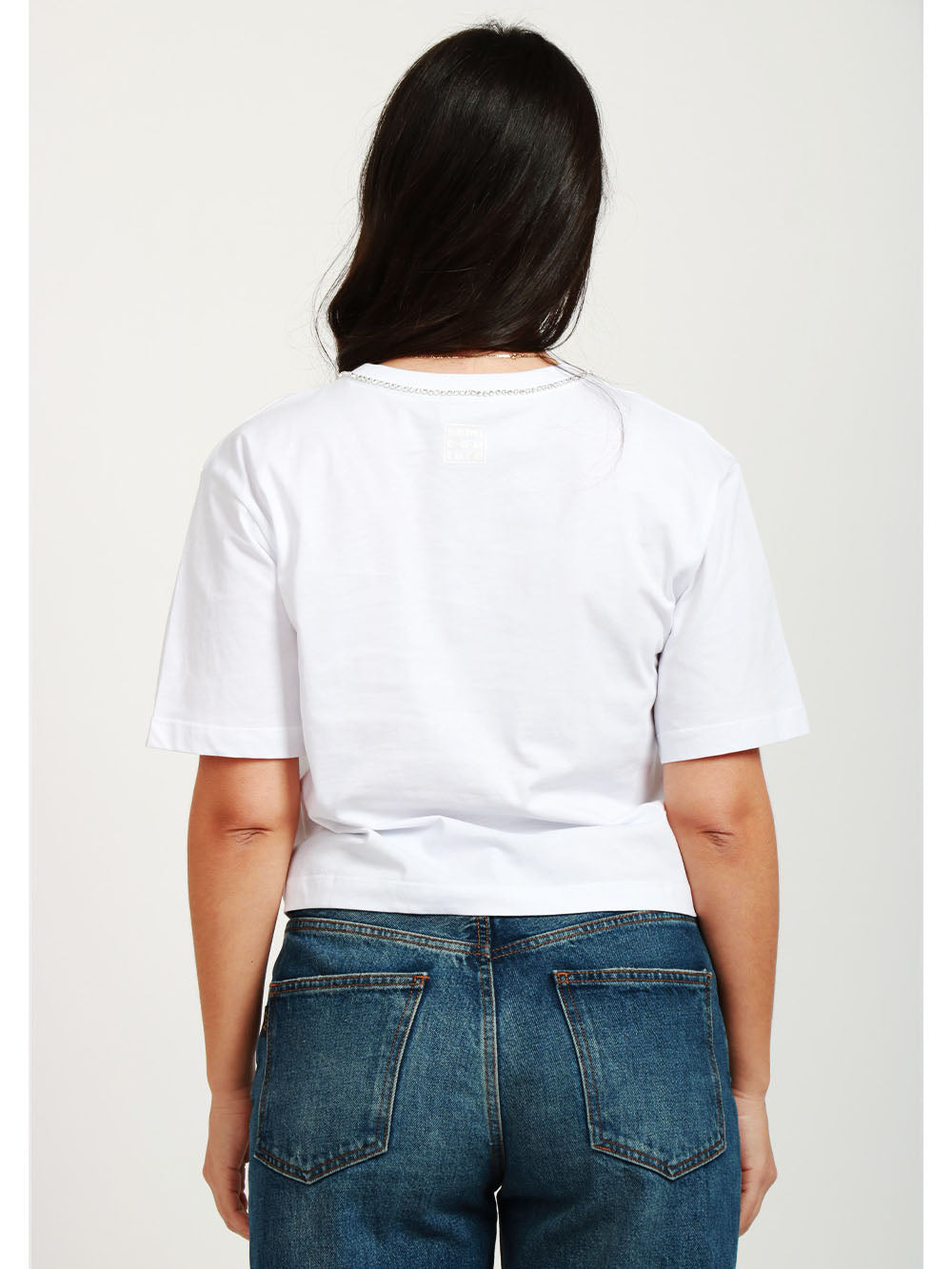 SEMICOUTURE T-Shirt Marina Girocollo in Cotone Bianca con Cristalli Bianco