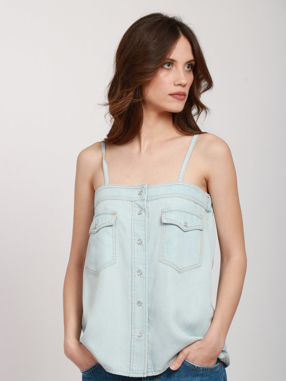 SEMICOUTURE TOP MIRNA IN CHAMBRAY CELESTE Cielo