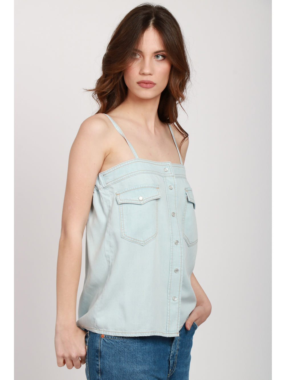 SEMICOUTURE TOP MIRNA IN CHAMBRAY CELESTE Cielo