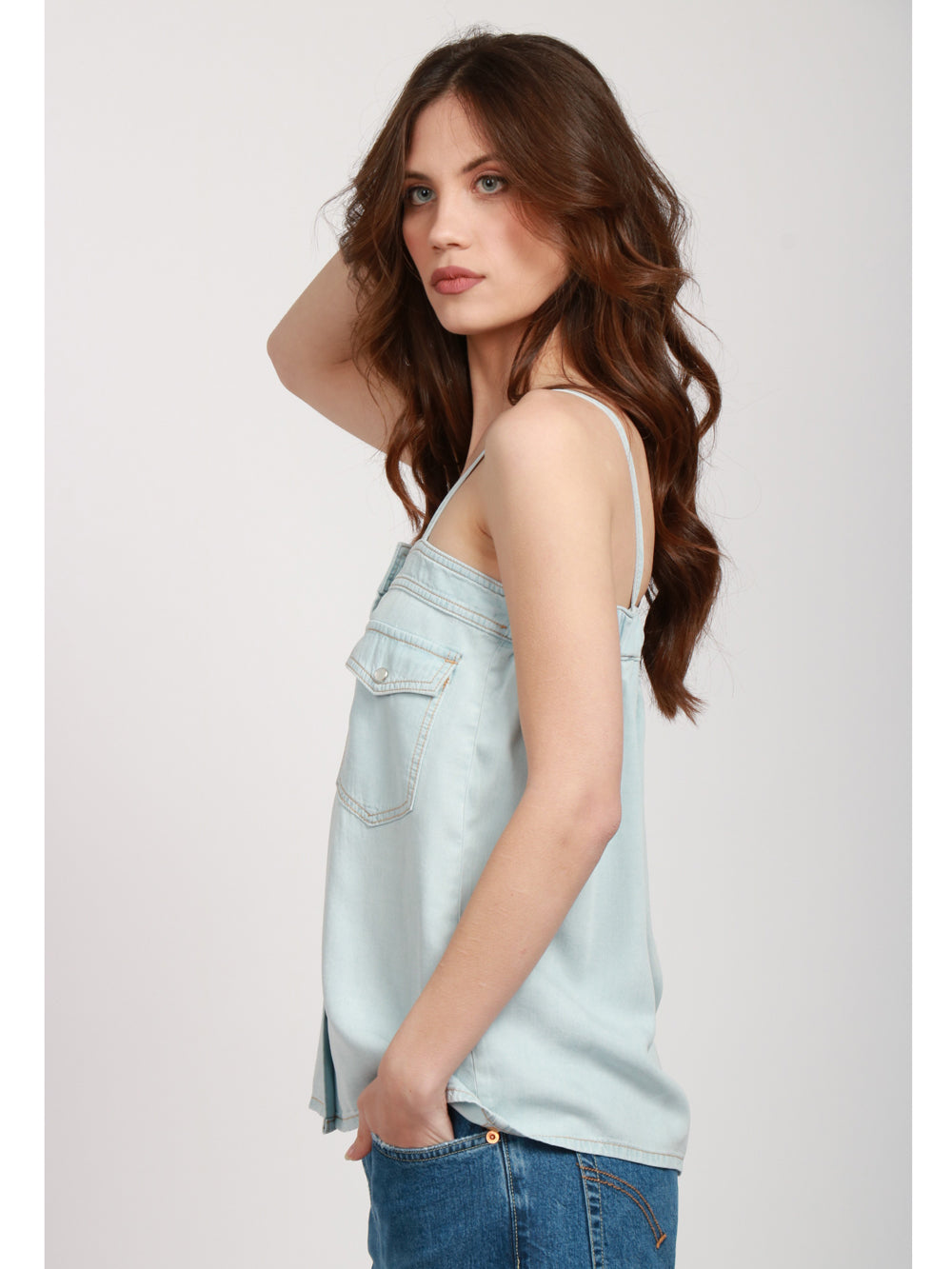 SEMICOUTURE TOP MIRNA IN CHAMBRAY CELESTE Cielo