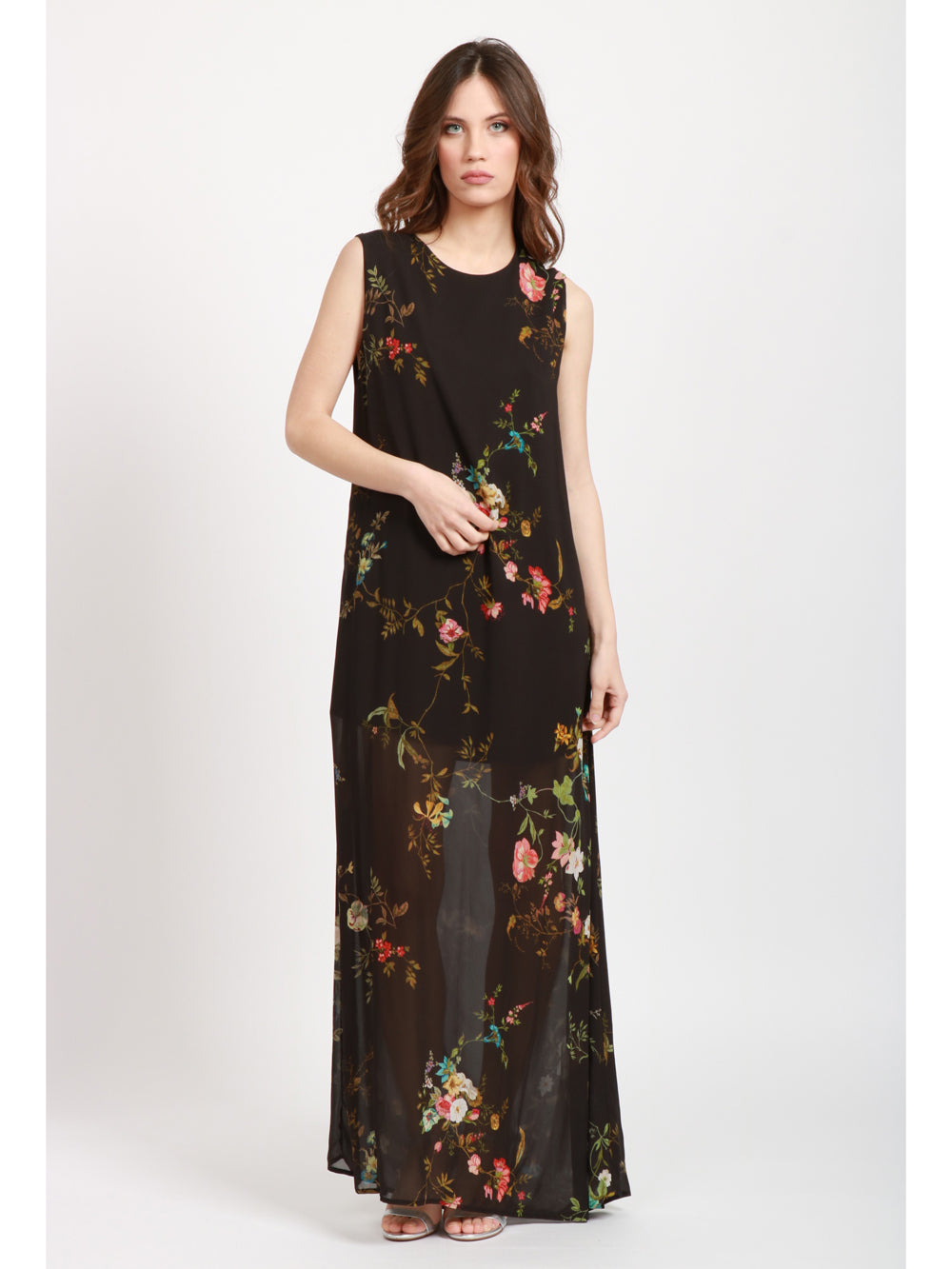 SEMICOUTURE VESTITO NEREA LUNGO NERO CON FANTASIA FLOREALE Nero+color