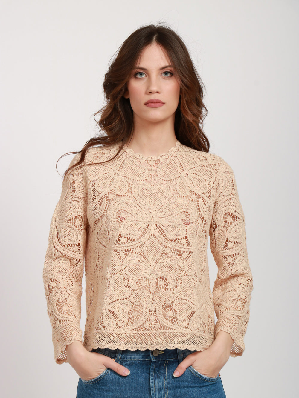 SEMICOUTURE MAGLIA PAULINA IN COTONE BEIGE CON LAVORAZIONE A CORNELY Beige