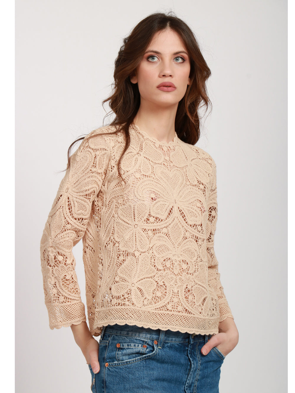 SEMICOUTURE MAGLIA PAULINA IN COTONE BEIGE CON LAVORAZIONE A CORNELY Beige