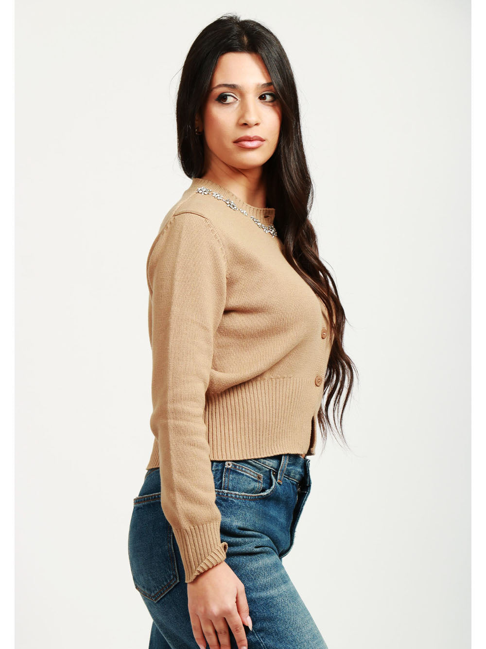 SEMICOUTURE Cardigan Petra Girocollo in Cotone Cammello con Cristalli Camel
