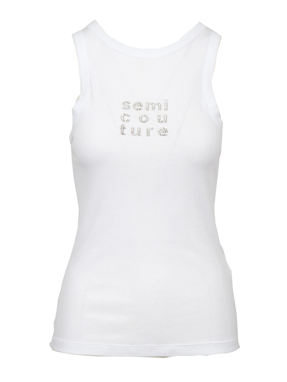 SEMICOUTURE Top Rachel Canotta a Costine Bianca con Logo in Cristalli Bianco