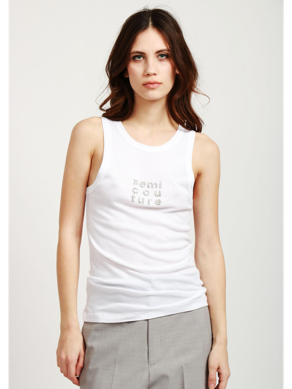 SEMICOUTURE Top Rachel Canotta a Costine Bianca con Logo in Cristalli Bianco