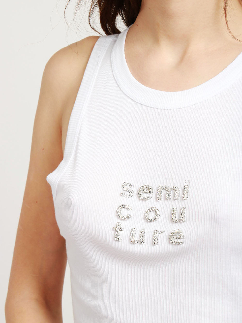 SEMICOUTURE Top Rachel Canotta a Costine Bianca con Logo in Cristalli Bianco
