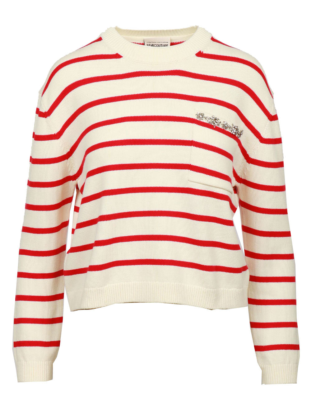 SEMICOUTURE Maglia Rita in Cotone a Righe Bianca e Rossa con Cristalli Bianco Rosso
