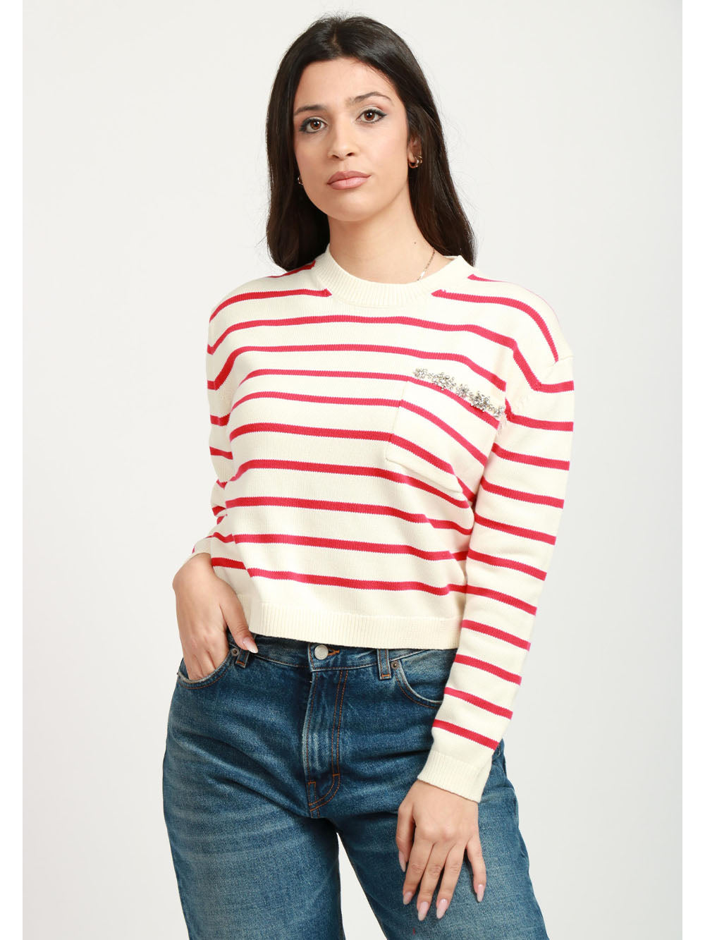 SEMICOUTURE Maglia Rita in Cotone a Righe Bianca e Rossa con Cristalli Bianco Rosso