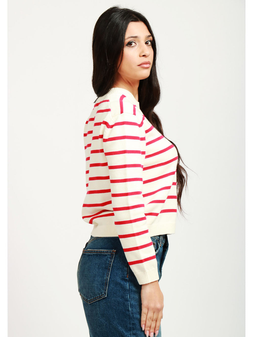 SEMICOUTURE Maglia Rita in Cotone a Righe Bianca e Rossa con Cristalli Bianco Rosso