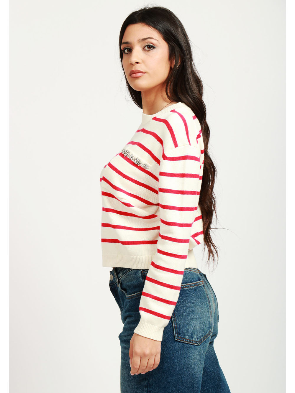 SEMICOUTURE Maglia Rita in Cotone a Righe Bianca e Rossa con Cristalli Bianco Rosso