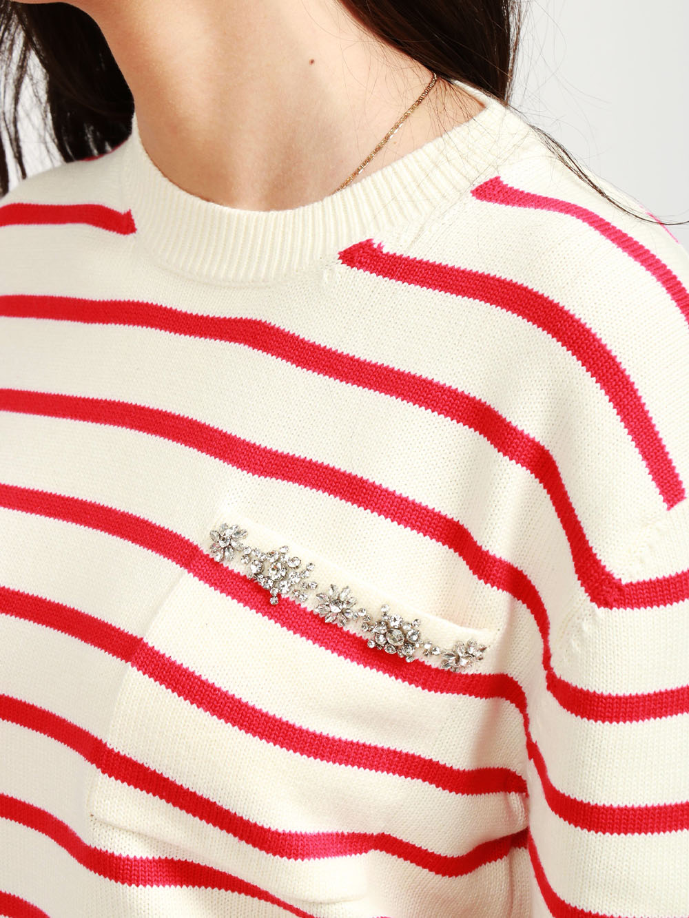 SEMICOUTURE Maglia Rita in Cotone a Righe Bianca e Rossa con Cristalli Bianco Rosso