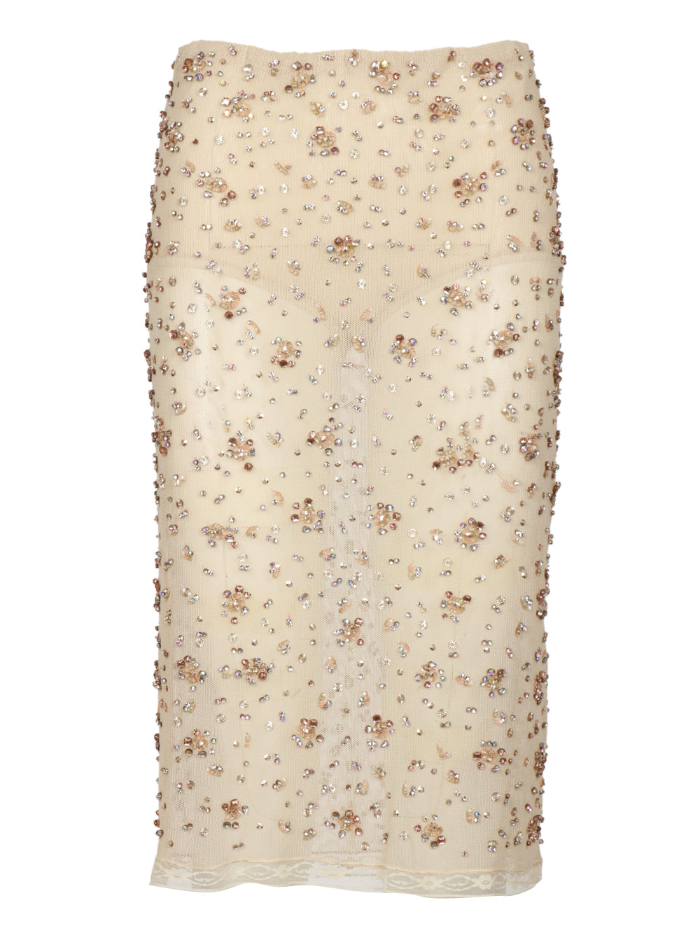 SEMICOUTURE GONNA SCARLETT MIDI IN TULLE NUDE CON STRASS E MICRO PAILLETTES Cipria
