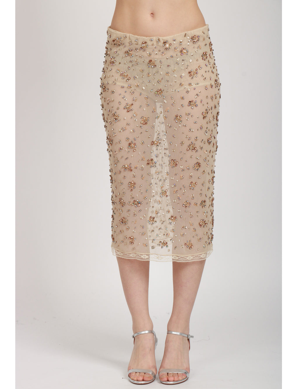 SEMICOUTURE GONNA SCARLETT MIDI IN TULLE NUDE CON STRASS E MICRO PAILLETTES Cipria