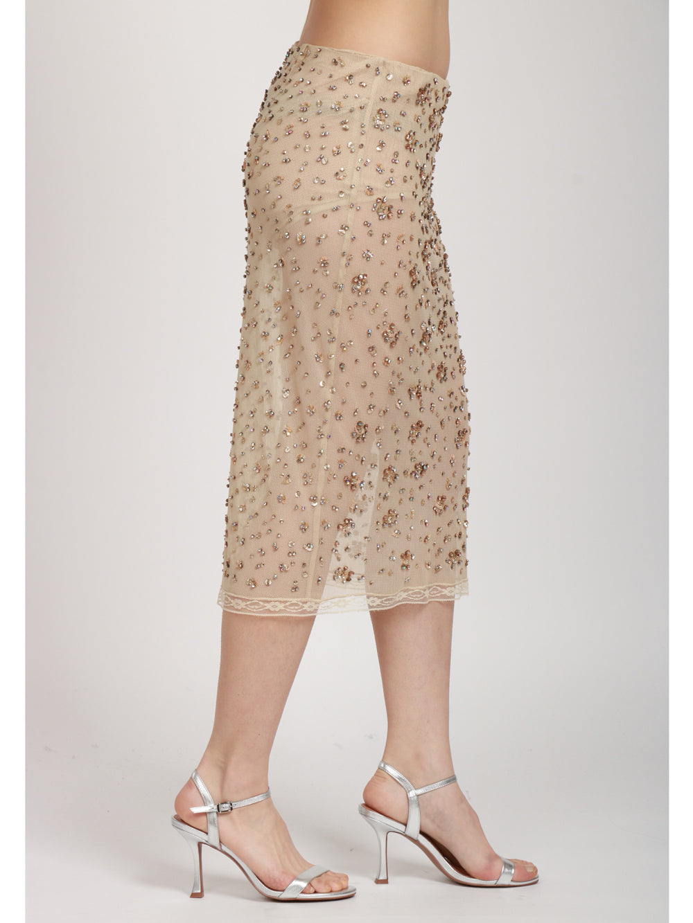 SEMICOUTURE GONNA SCARLETT MIDI IN TULLE NUDE CON STRASS E MICRO PAILLETTES Cipria