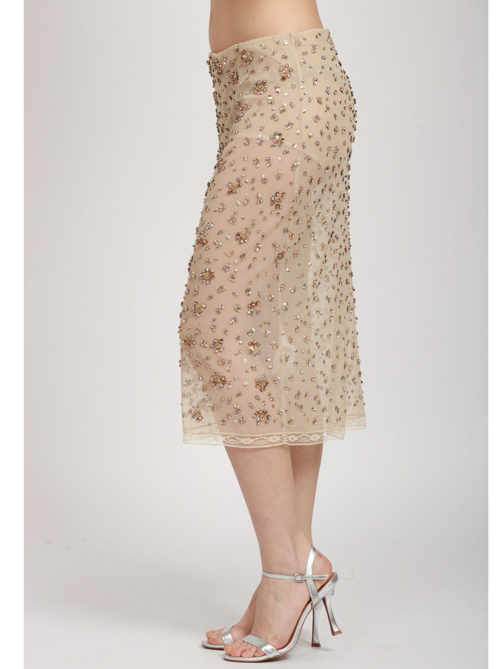 SEMICOUTURE GONNA SCARLETT MIDI IN TULLE NUDE CON STRASS E MICRO PAILLETTES Cipria