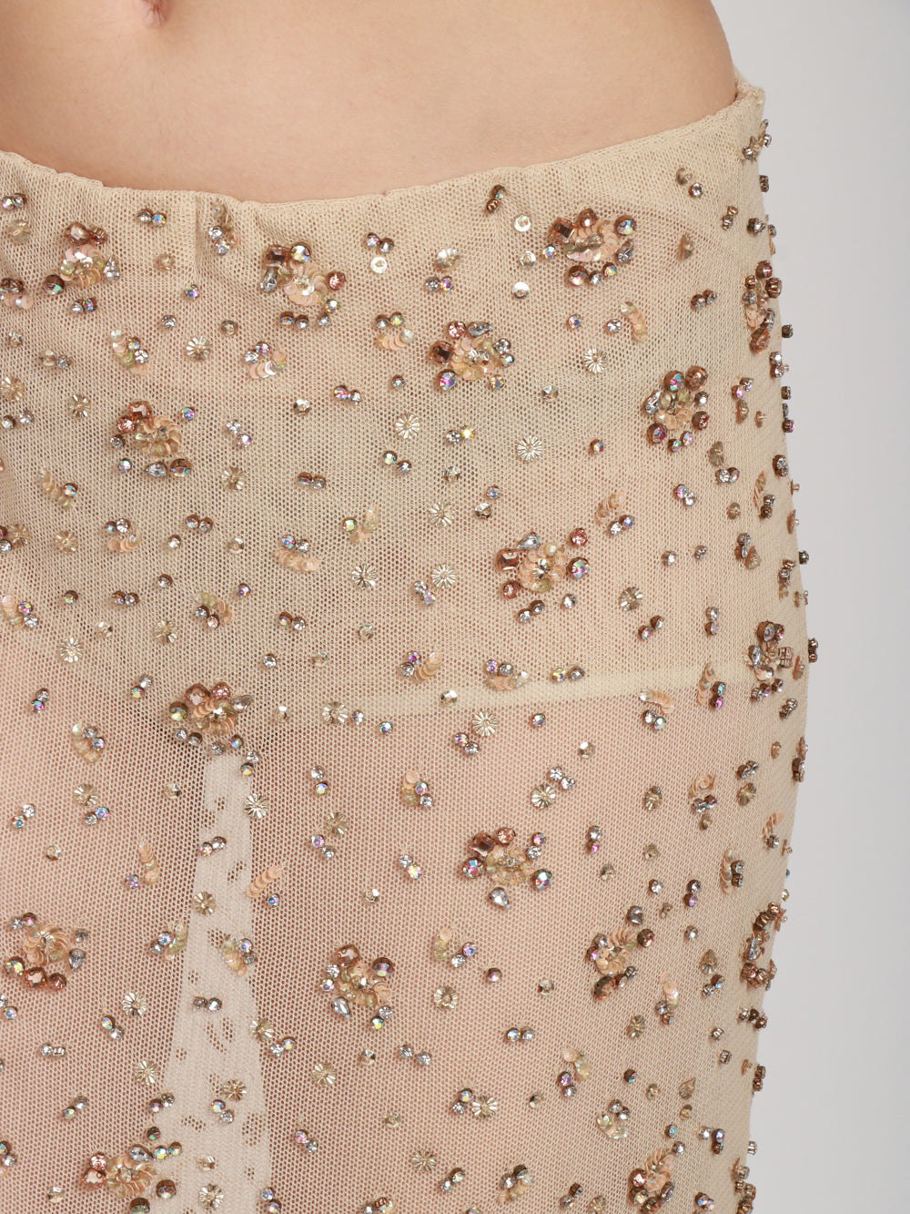 SEMICOUTURE GONNA SCARLETT MIDI IN TULLE NUDE CON STRASS E MICRO PAILLETTES Cipria
