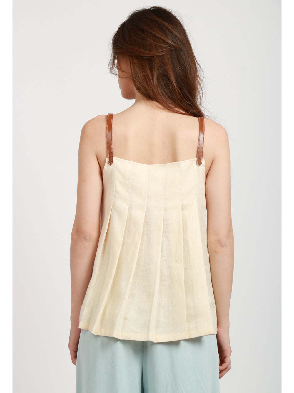 SEMICOUTURE Top Silvye in Lino Burro bretelle di Cuoio Crema