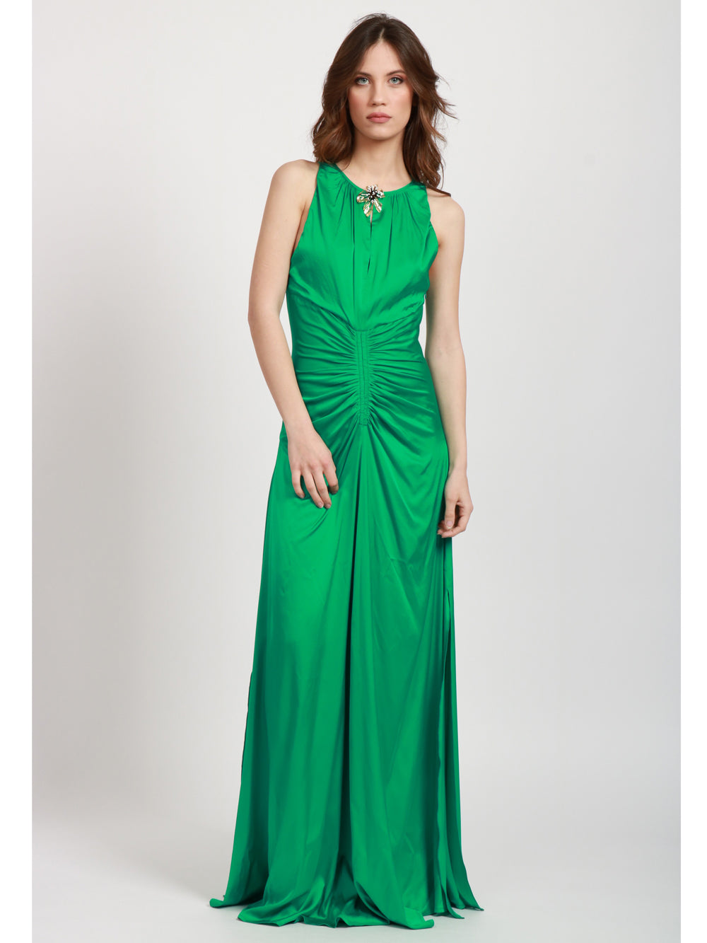 SIMONA CORSELLINI Vestito Lungo Verde smeraldo con Fiore Verde