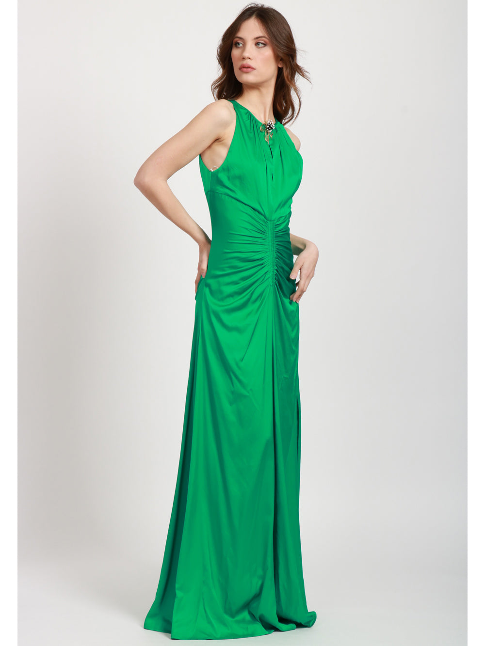 SIMONA CORSELLINI Vestito Lungo Verde smeraldo con Fiore Verde