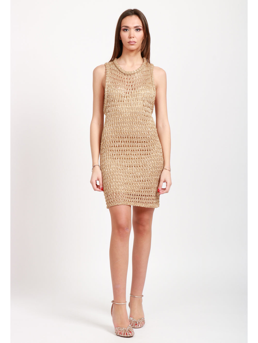 SIMONA CORSELLINI Vestito Corto Tubino in Maglia Oro con Paillettes Oro