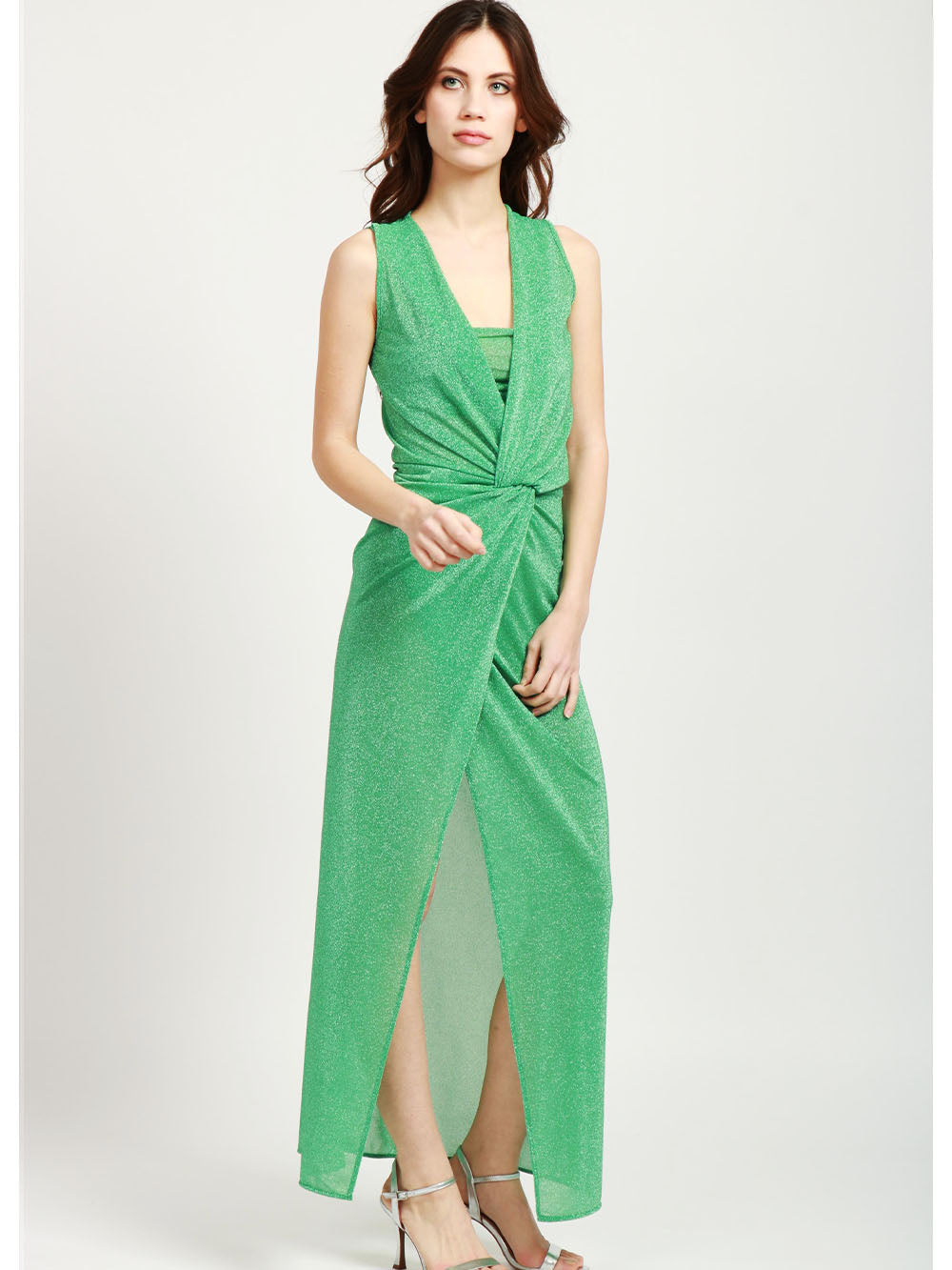 SIMONA CORSELLINI Vestito Lungo Verde con Lurex e Drappeggi Verde