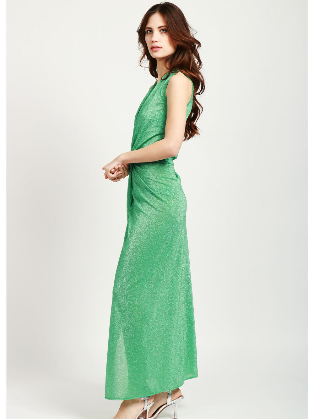 SIMONA CORSELLINI Vestito Lungo Verde con Lurex e Drappeggi Verde